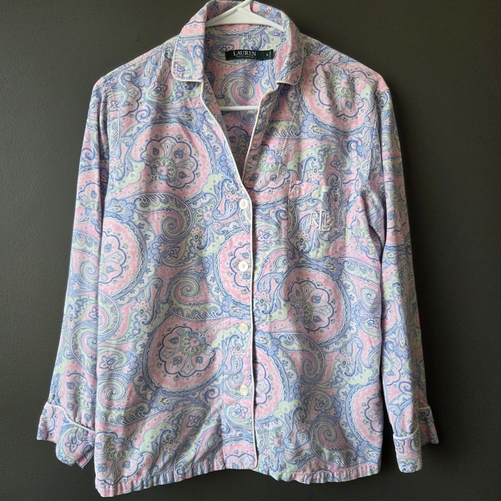 Lauren Ralph Lauren Womens Pink Blue Paisley Cotton Blend Pajama Top Small S